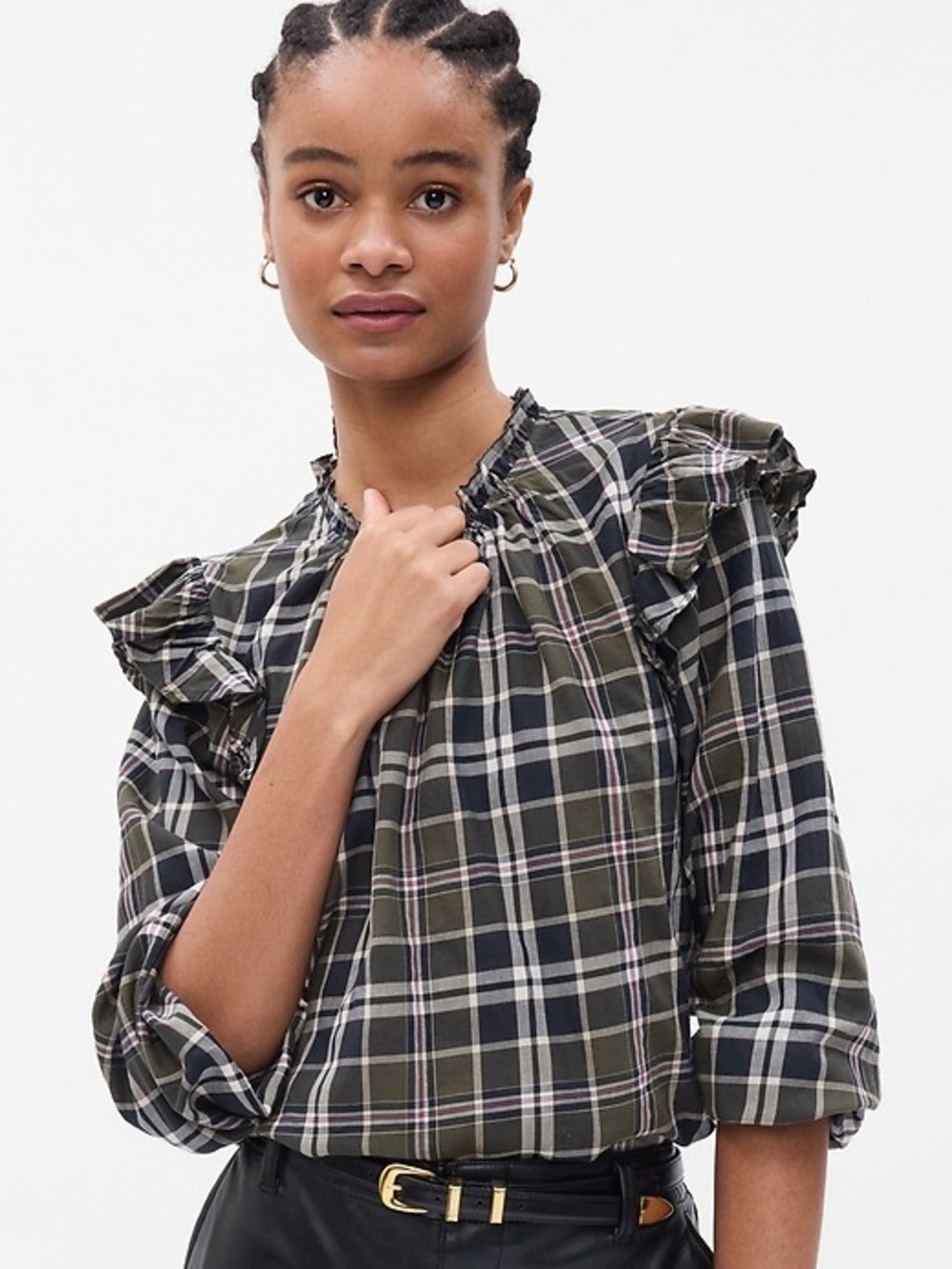 GAP Ruffled Blouse Olive & Navy plaid Plaid Size XSmall
